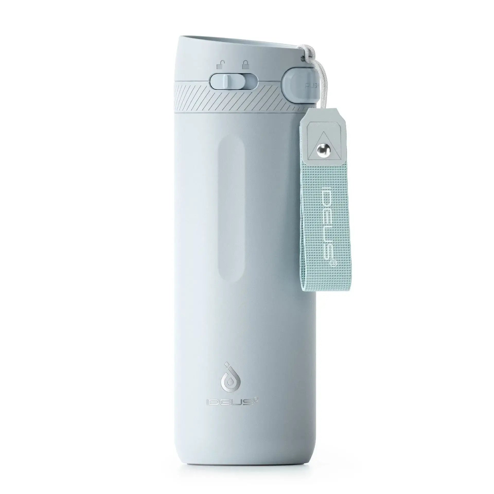PureSip Thermal Bottle in light blue color with a leak-proof lid and compact design for easy carrying.