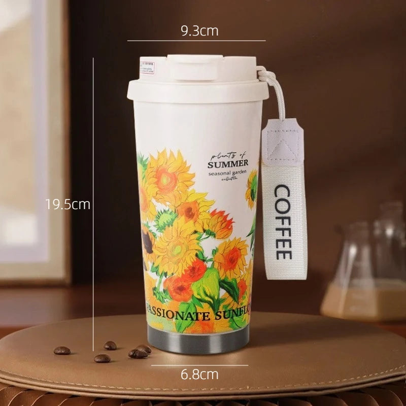 BloomSip Coffee Tumbler with sunflower design, dimensions 19.5cm height and 9.3cm width, perfect for travel.