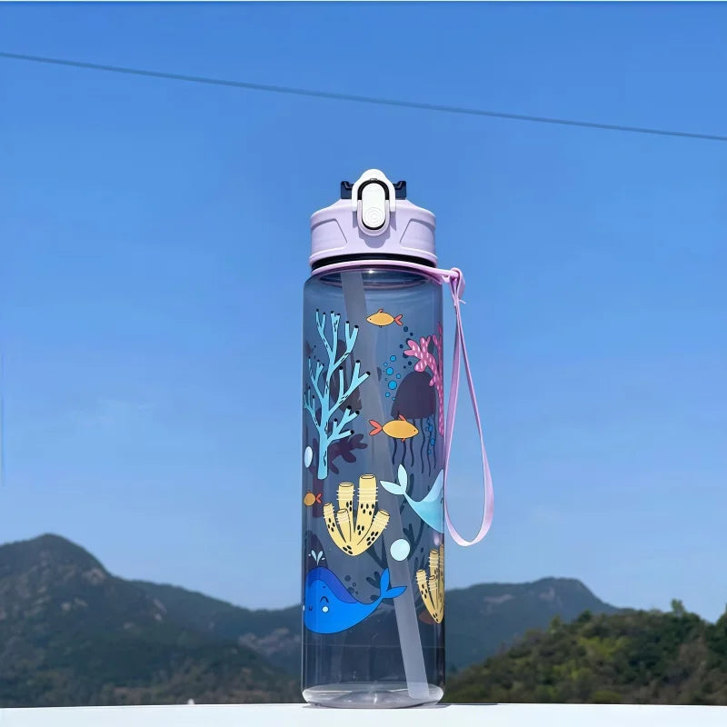 DinoSip Kids Water Bottle featuring colorful ocean designs and a leak-proof lid for fun hydration.