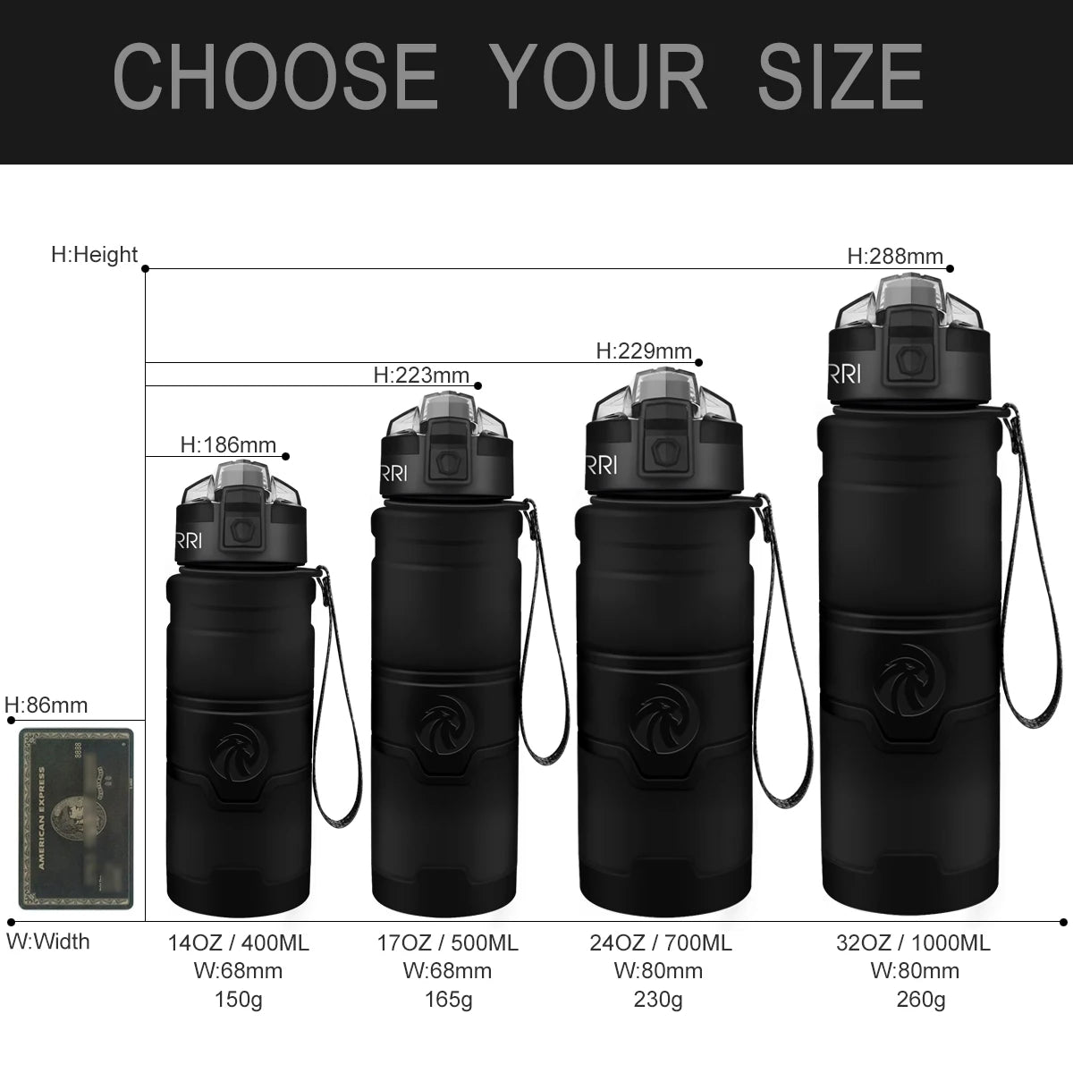 HydroLock Sport Bottle size comparison chart showing different capacities and dimensions for optimal hydration choice.