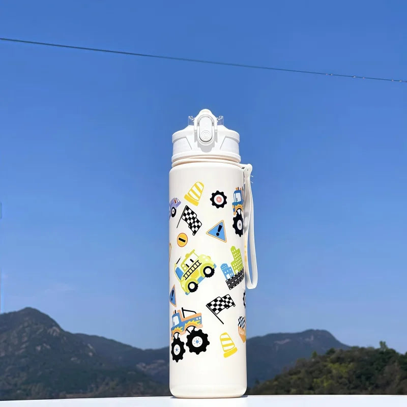 DinoSip Kids Water Bottle featuring playful vehicle designs against a clear blue sky.