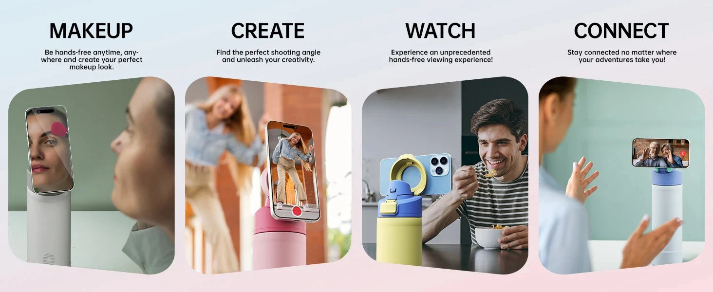 MagSnap Bottle Pro with magnetic phone holder for hands-free makeup, creation, watching, and connection.