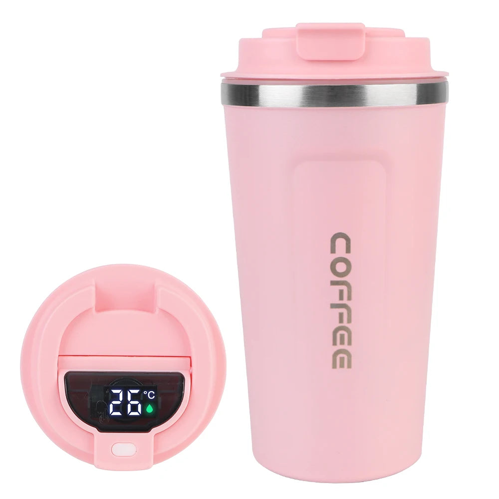 ThermoSip Coffee Cup in pink with digital temperature display for perfect beverage enjoyment.