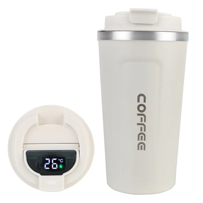 ThermoSip Coffee Cup with digital temperature display and sleek white design, perfect for enjoying beverages.