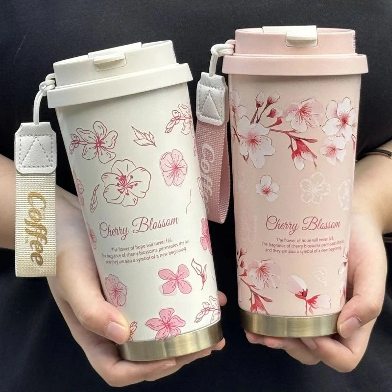 BloomSip Coffee Tumbler featuring a floral design in pink and white, ideal for stylish drinking on the go.