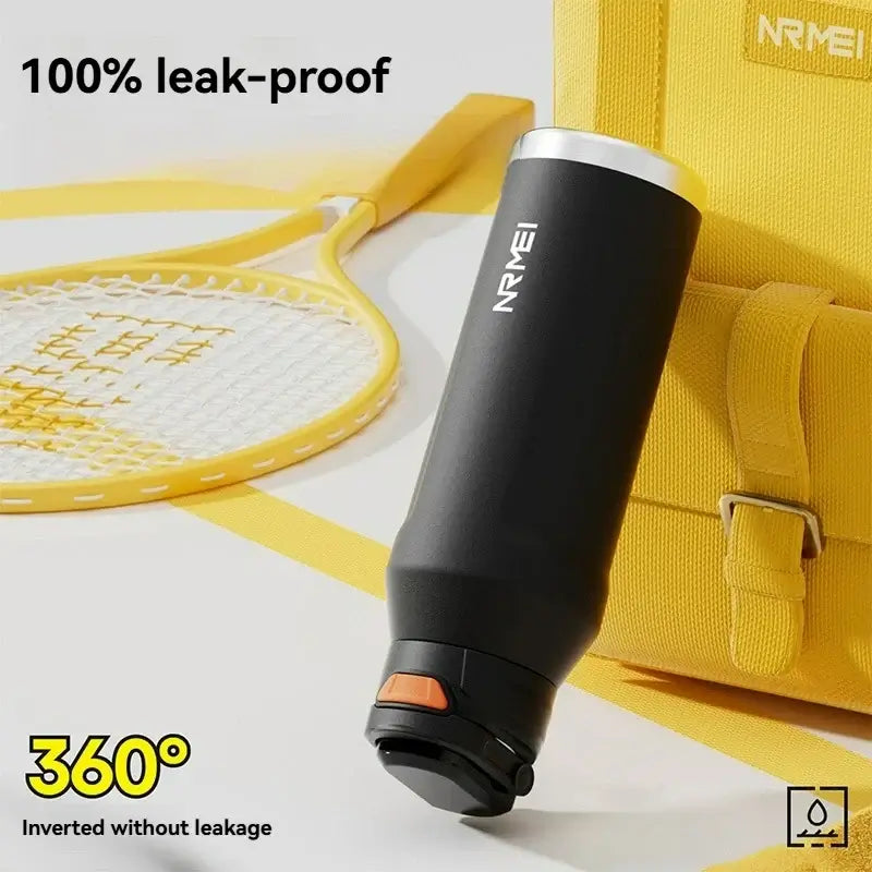 Durable stainless steel water bottle against a yellow background, showcasing its 100% leak-proof design.