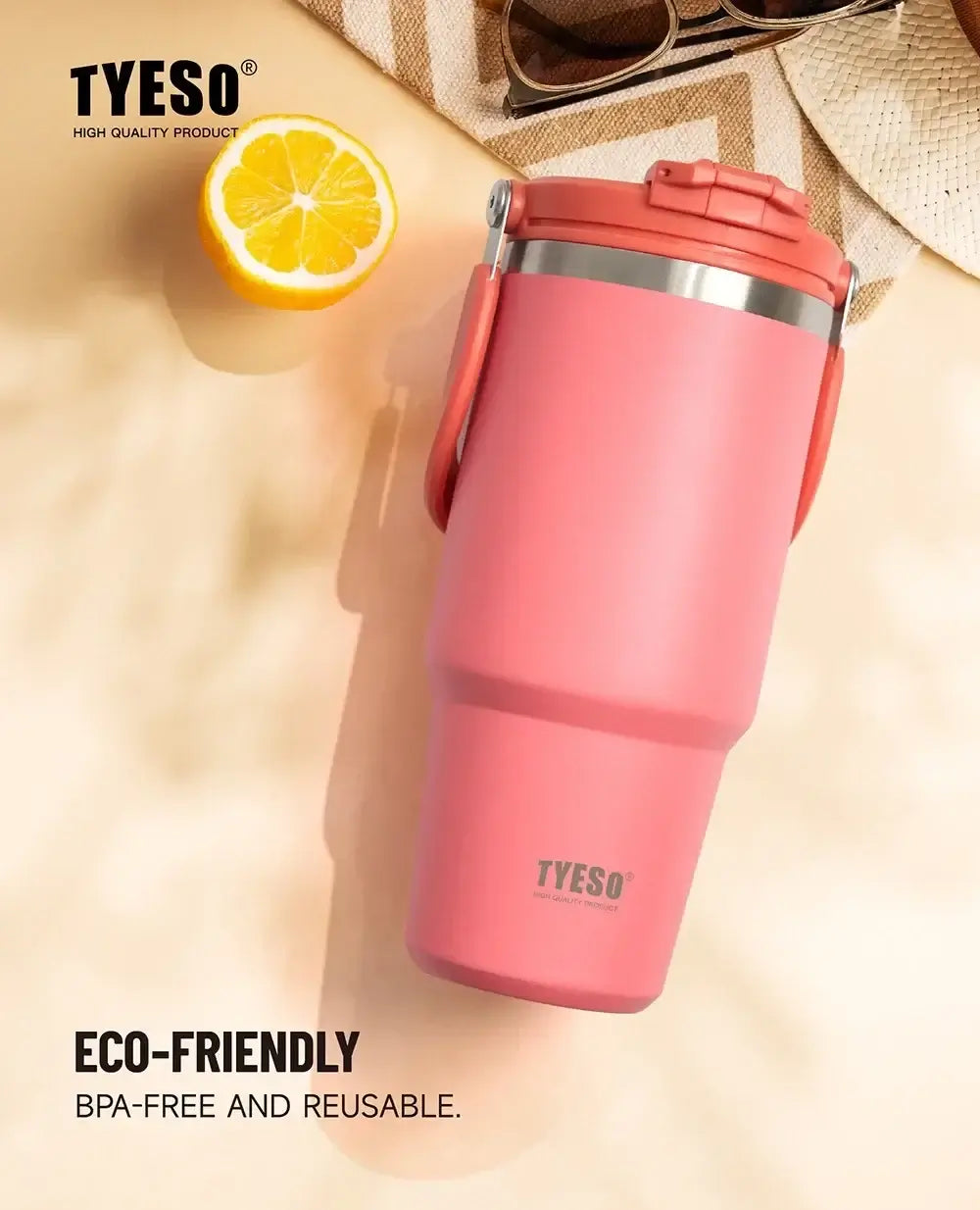 Insulated tumbler with dual-drink lid in pink, eco-friendly, BPA-free, and reusable for hydration on the go.