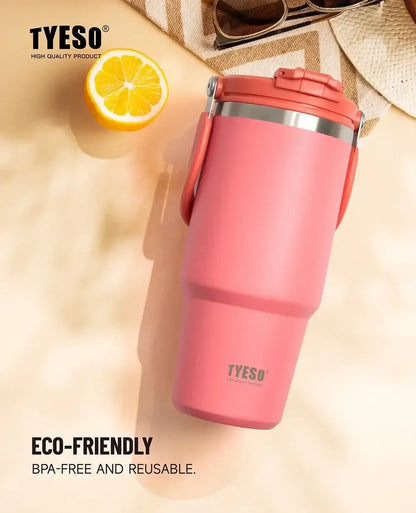 Insulated tumbler with dual-drink lid in pink, eco-friendly, BPA-free, and reusable for hydration on the go.