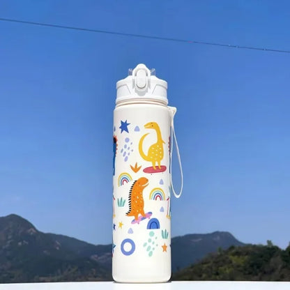 DinoSip Kids Water Bottle with playful dinosaur and rainbow designs against a clear blue sky.