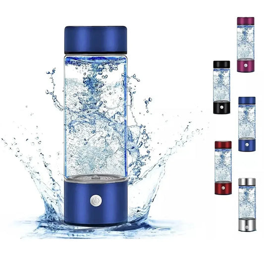 Hydrogen Boost Bottle generating fresh hydrogen-rich water with splashes, showcasing portable and stylish design.
