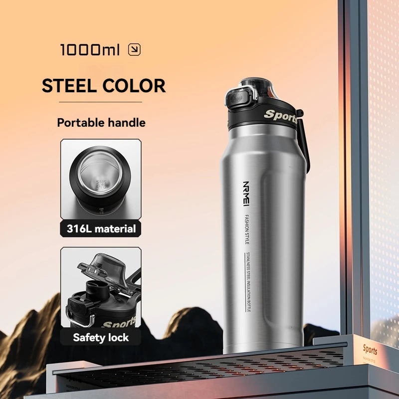 ArcticLock Bottle 1000ml stainless steel with portable handle and safety lock for easy hydration on the go.