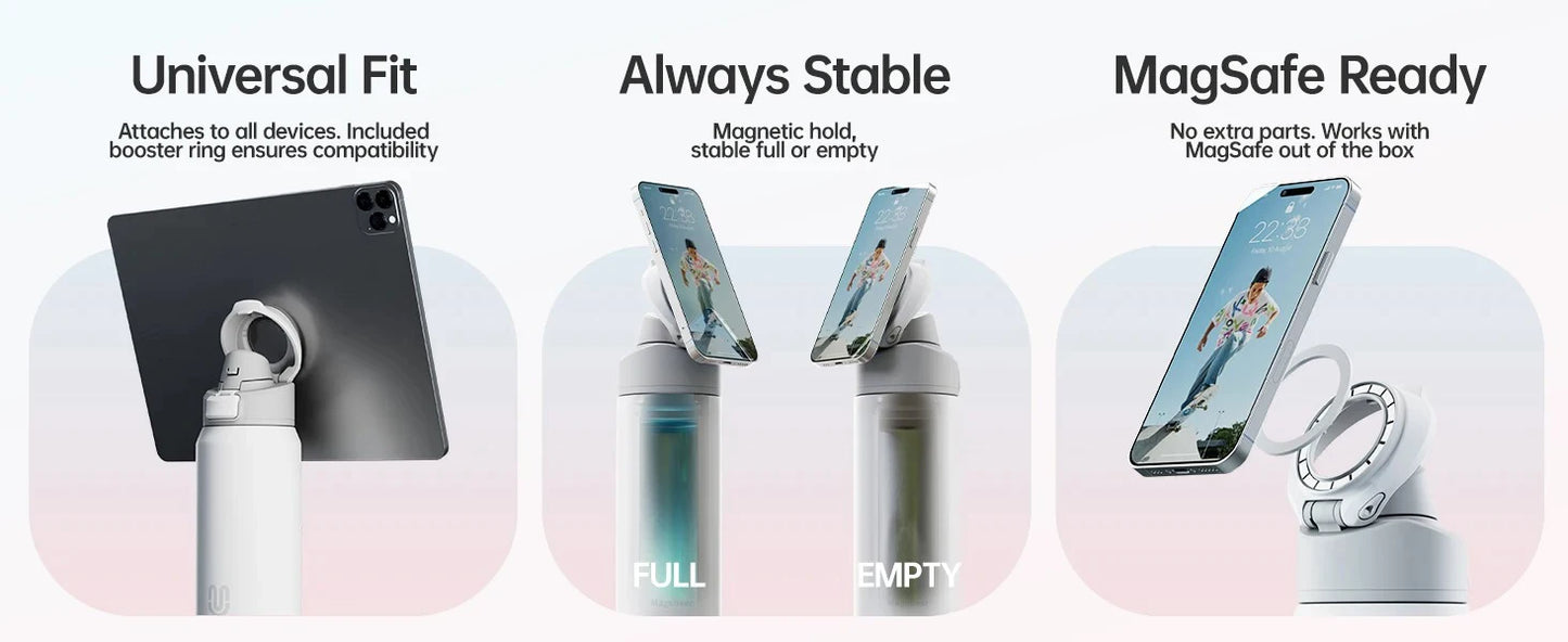 MagSnap Bottle Pro features universal fit, always stable magnetic hold, and MagSafe ready design for hands-free use.