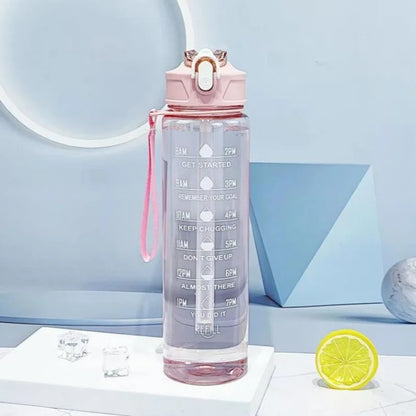 smart water tracking bottle with time markers for hydration goals and measurement scale.