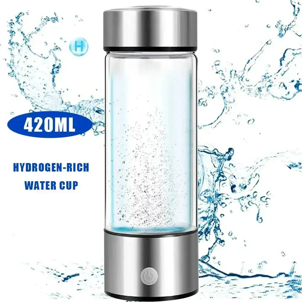 Hydrogen Boost Bottle displaying hydrogen-rich water, designed for portable hydration on-the-go, 420ml capacity.