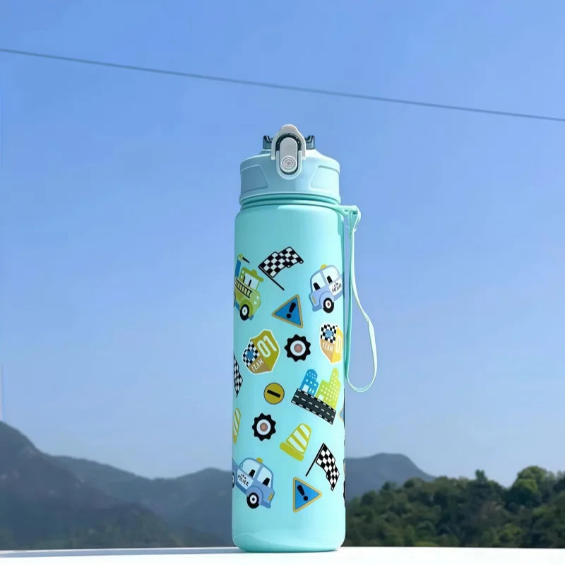 DinoSip Kids Water Bottle with playful car patterns in a bright blue design, perfect for little hands and hydration on-the-go.