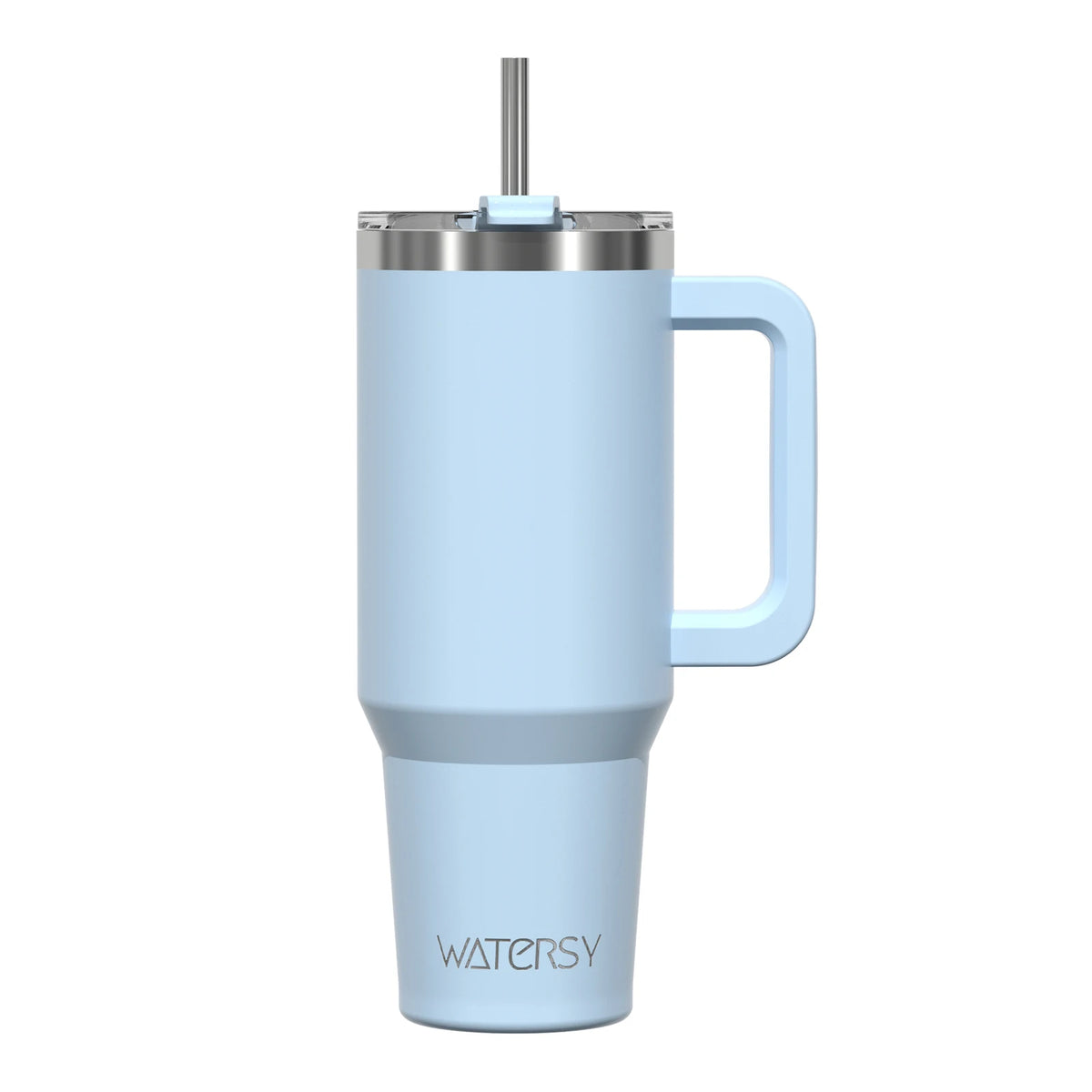 insulated tumbler with handle in light blue color featuring a straw and a sturdy grip.