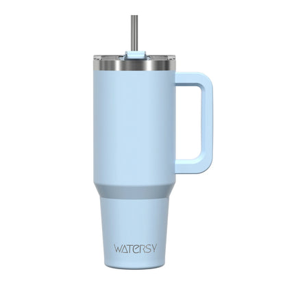 insulated tumbler with handle in light blue color featuring a straw and a sturdy grip.