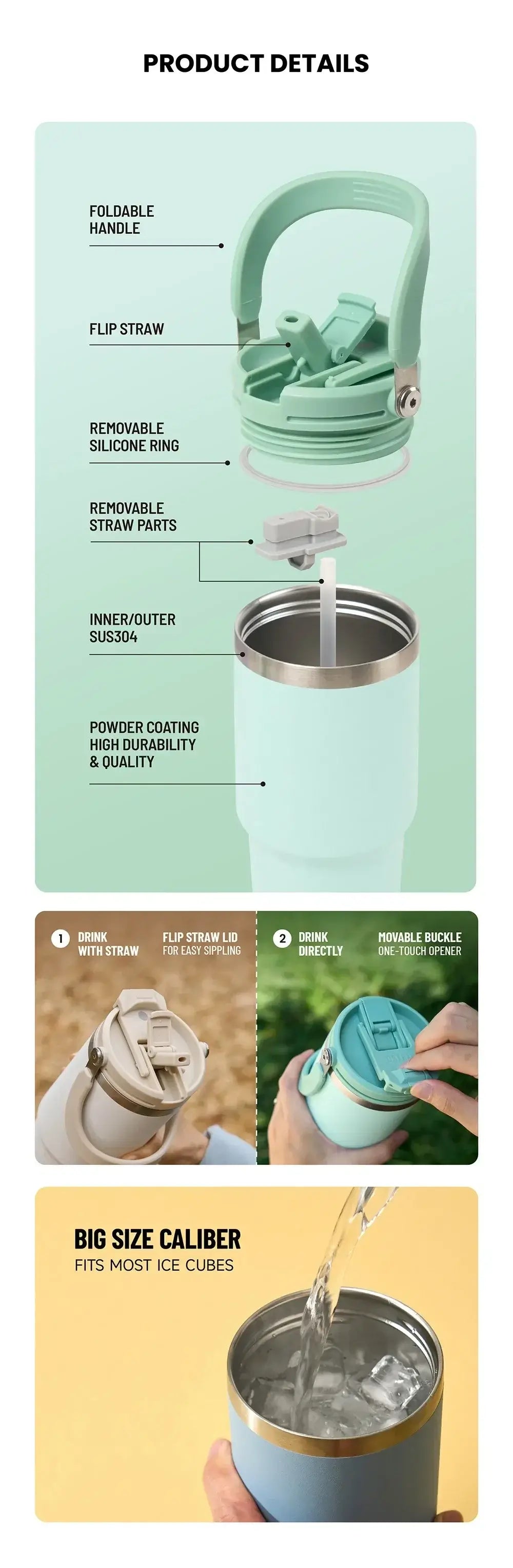 DuoSip Tumbler product details showing insulated tumbler with dual-drink lid features and specifications.