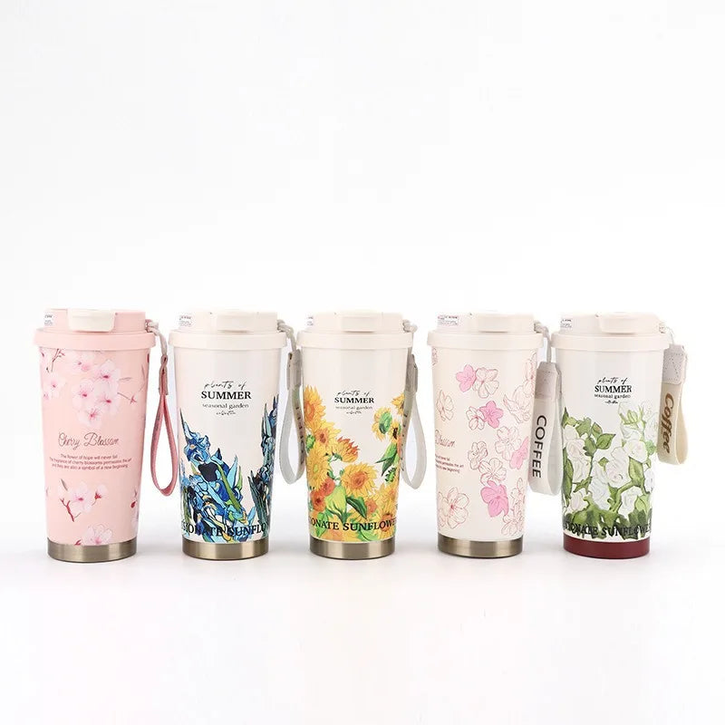BloomSip Coffee Tumbler collection featuring elegant designs in various colors and floral patterns.