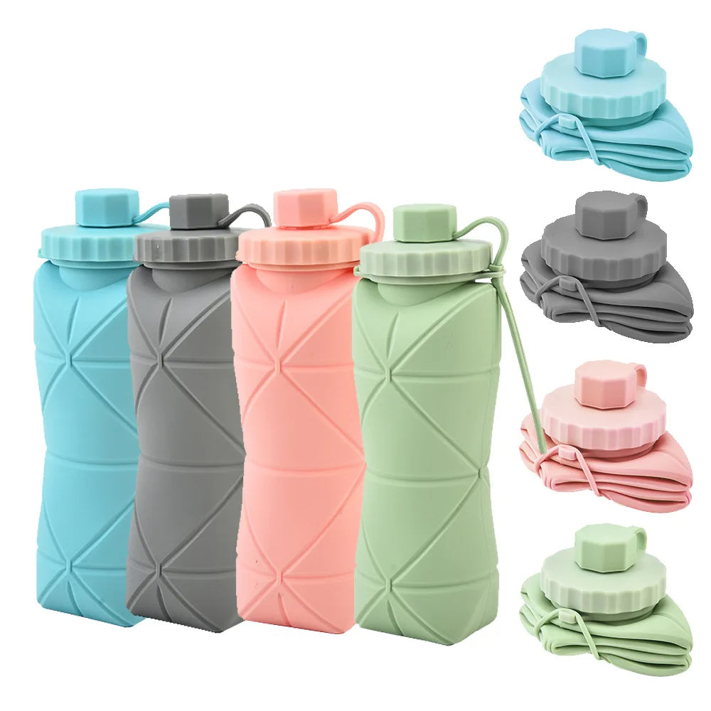 HydroFlex™ collapsible water bottle for travel in various colors and compact design for easy carrying.
