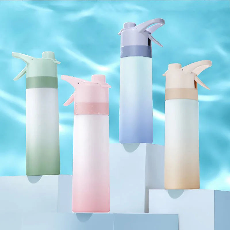 HydroMist cooling mist water bottle in pastel colors, designed for easy portability and one-touch spray function.