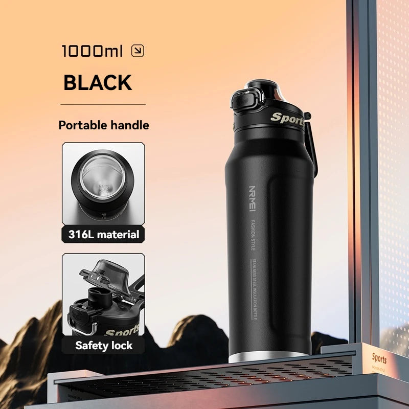 ArcticLock Bottle 1000ml black stainless steel with portable handle, safety lock, designed for hydration on the go.
