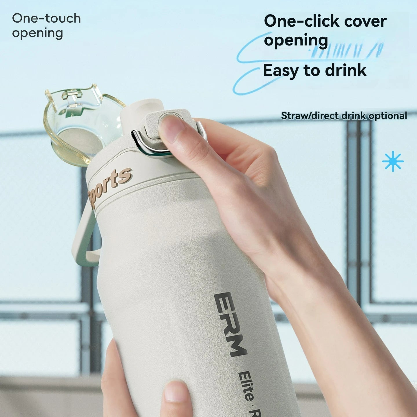 ArcticLock Bottle with one-click cover opening for easy drinking and optional straw feature.