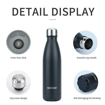 Detail display of PureFlow Bottle, a stainless steel insulated water bottle featuring durable design elements.