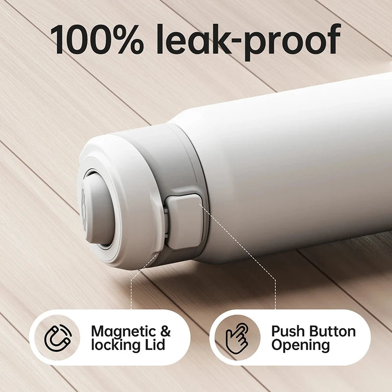 MagSnap Bottle Pro with 100% leak-proof design, featuring magnetic and locking lid, and push button opening.