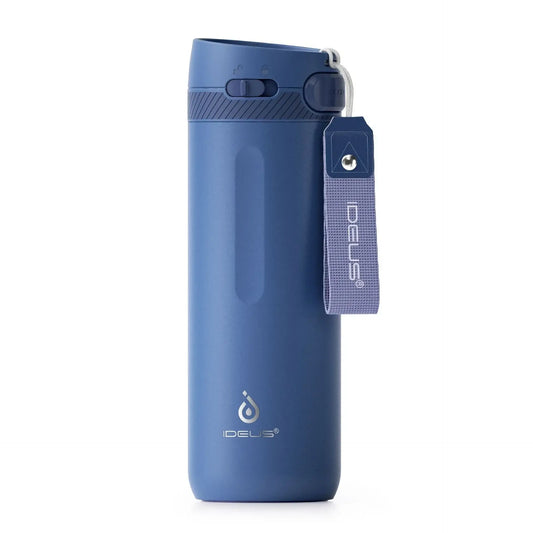 PureSip Thermal Bottle in sleek blue design, featuring a leak-proof lid and easy one-hand push button.