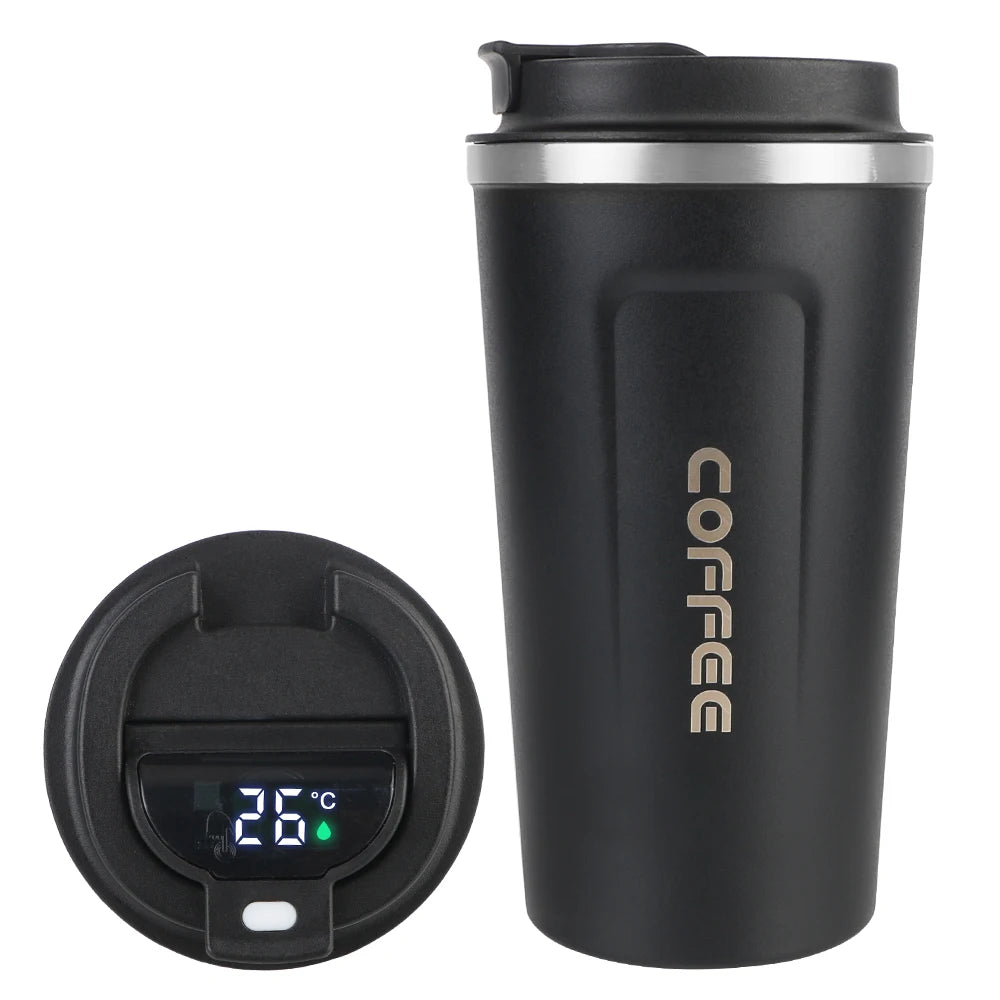 ThermoSip Coffee Cup featuring a digital temperature display and sleek black design for optimal beverage enjoyment.