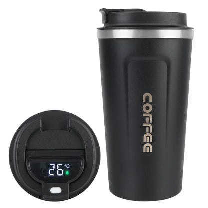 ThermoSip Coffee Cup featuring a digital temperature display and sleek black design for optimal beverage enjoyment.
