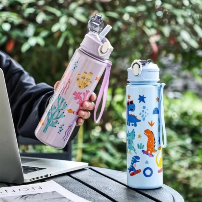 DinoSip Kids Water Bottle featuring playful dinosaur and ocean designs, perfect for kids hydration on-the-go.