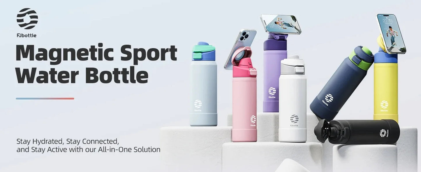 MagSnap Bottle Pro in various colors with magnetic phone holder for hands-free use, promoting hydration and connectivity.