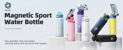 MagSnap Bottle Pro in various colors with magnetic phone holder for hands-free use, promoting hydration and connectivity.