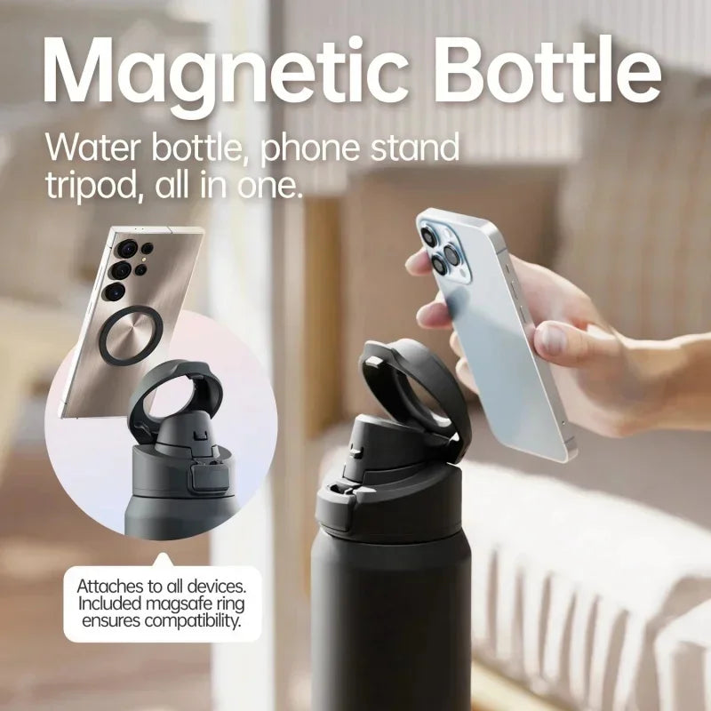 MagSnap Bottle Pro with magnetic phone holder for hands-free use, showcasing compatibility with all devices.