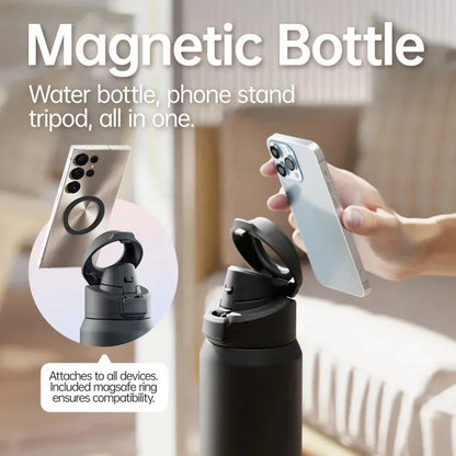 MagSnap Bottle Pro with magnetic phone holder for hands-free use, showcasing compatibility with all devices.