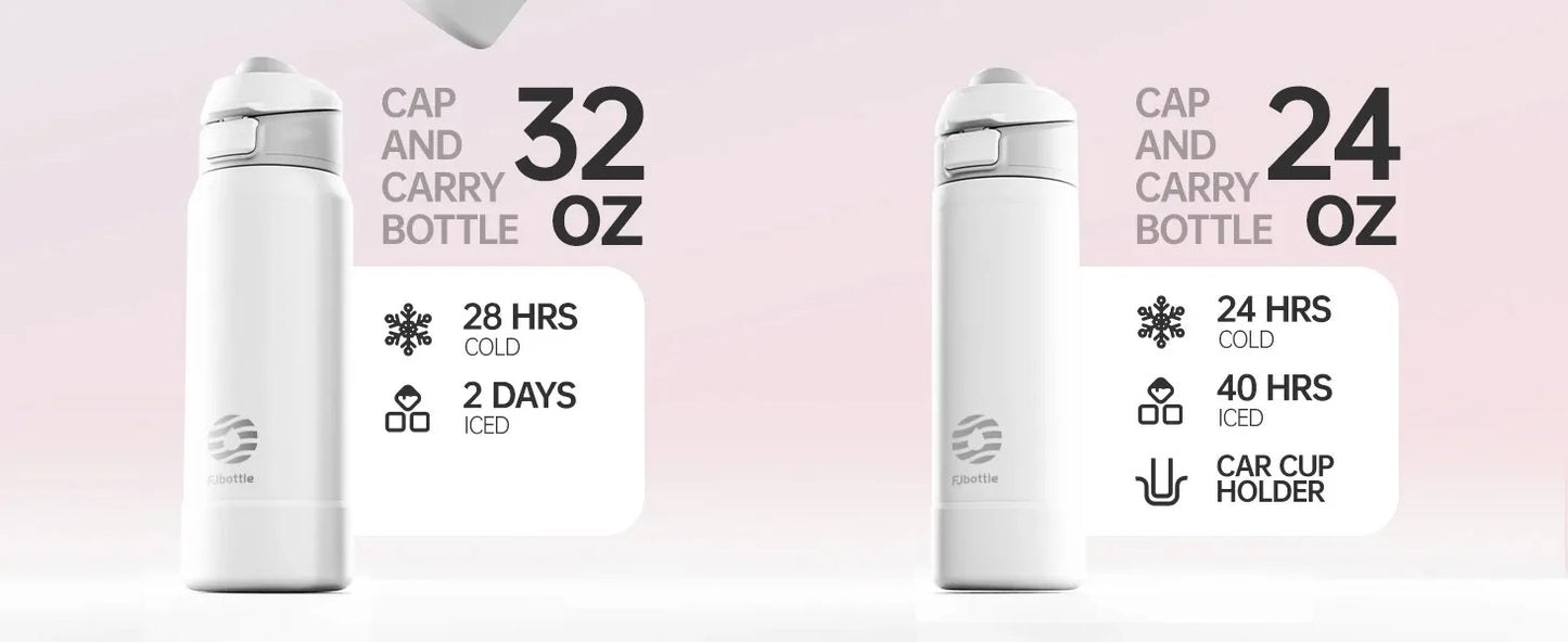 MagSnap Bottle Pro showcasing 32 oz and 24 oz sizes with insulation features and car cup holder compatibility.
