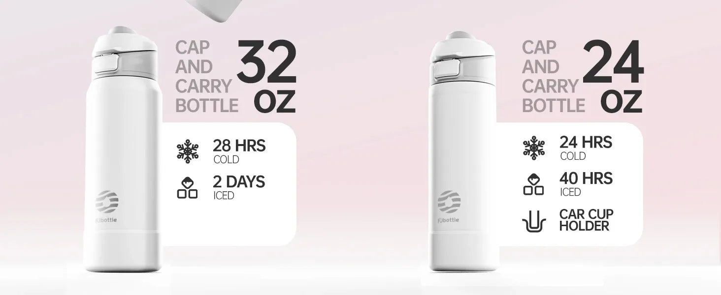 MagSnap Bottle Pro showcasing 32 oz and 24 oz sizes with insulation features and car cup holder compatibility.