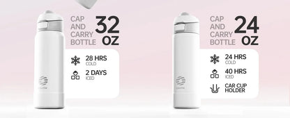 MagSnap Bottle Pro showcasing 32 oz and 24 oz sizes with insulation features and car cup holder compatibility.